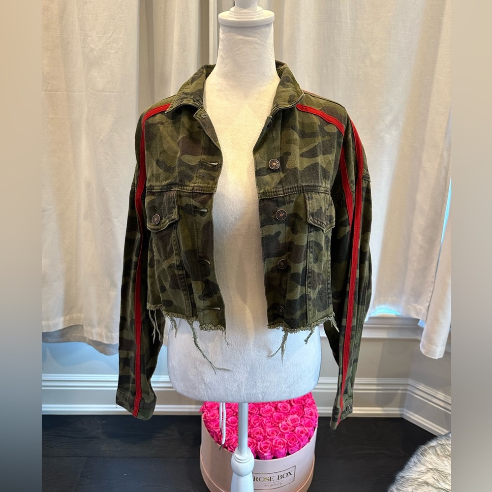 Camo Jean Jacket with Red Accents